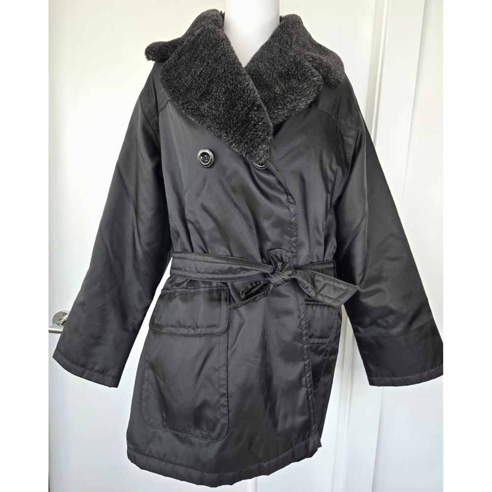 Vintage Marks & Spencer Nylon Trench Coach Faux Fur Collar w/ Belt Black Y2K Lux